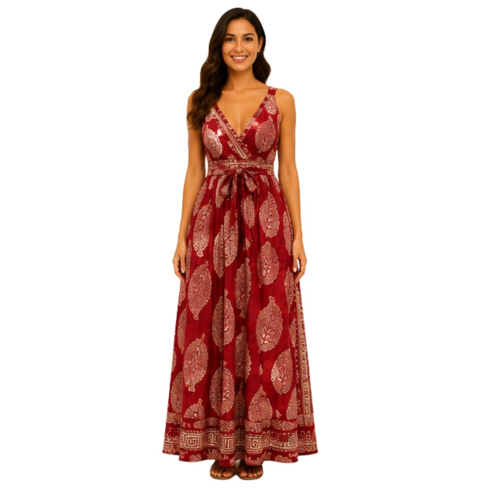 Vestido Longo Feminino Estampado Decote V Alças Reguláveis Verão Casual Vermelho