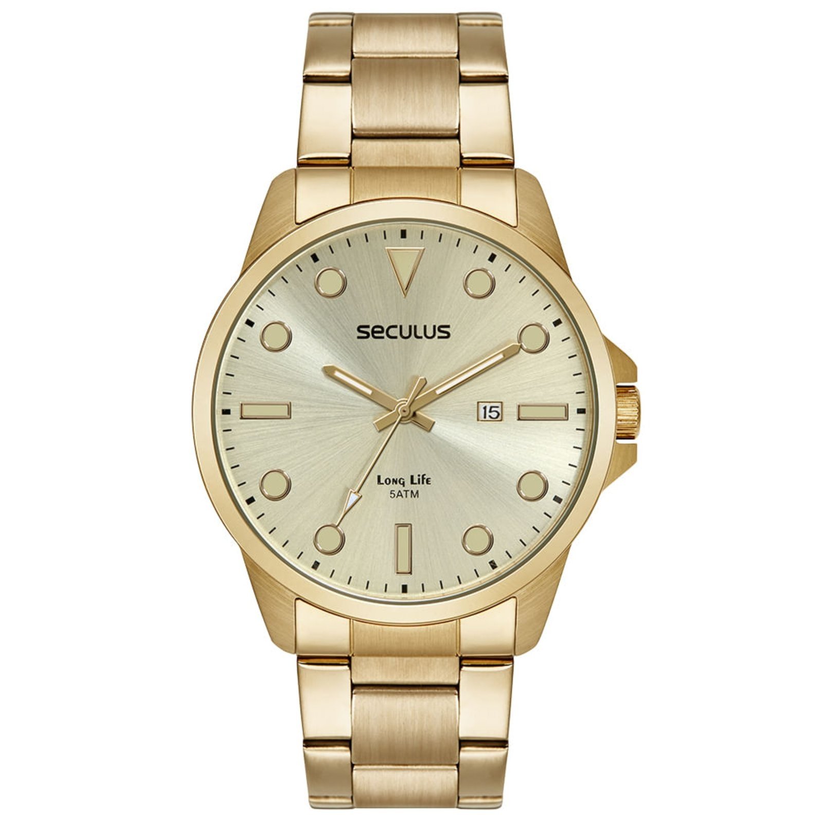 Relógio Masculino Aço Calendário Dourado Seculus