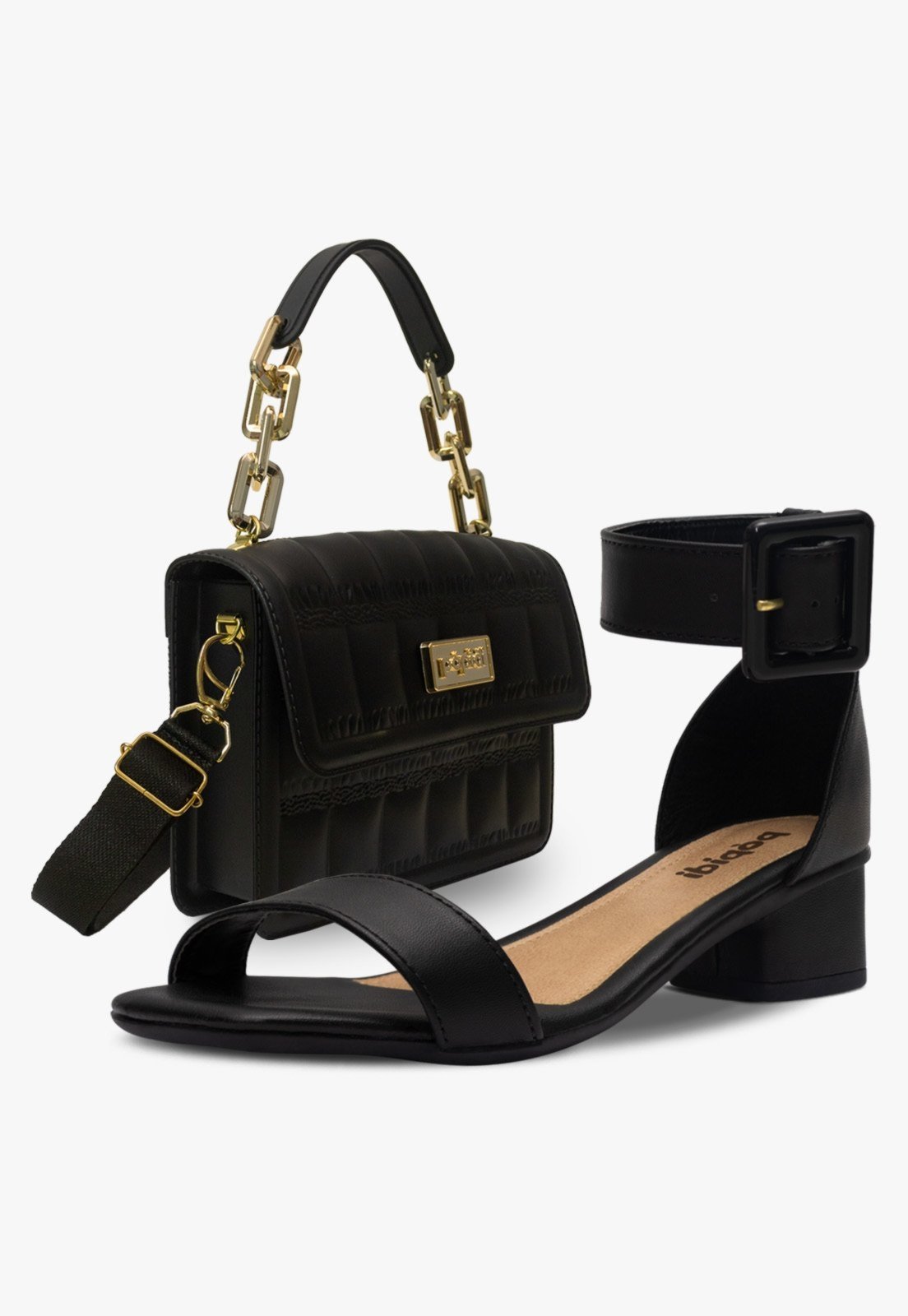 Infantil - Kit Bolsa e Sandália Social Feminina Pópidi Saltinho Festa Preto