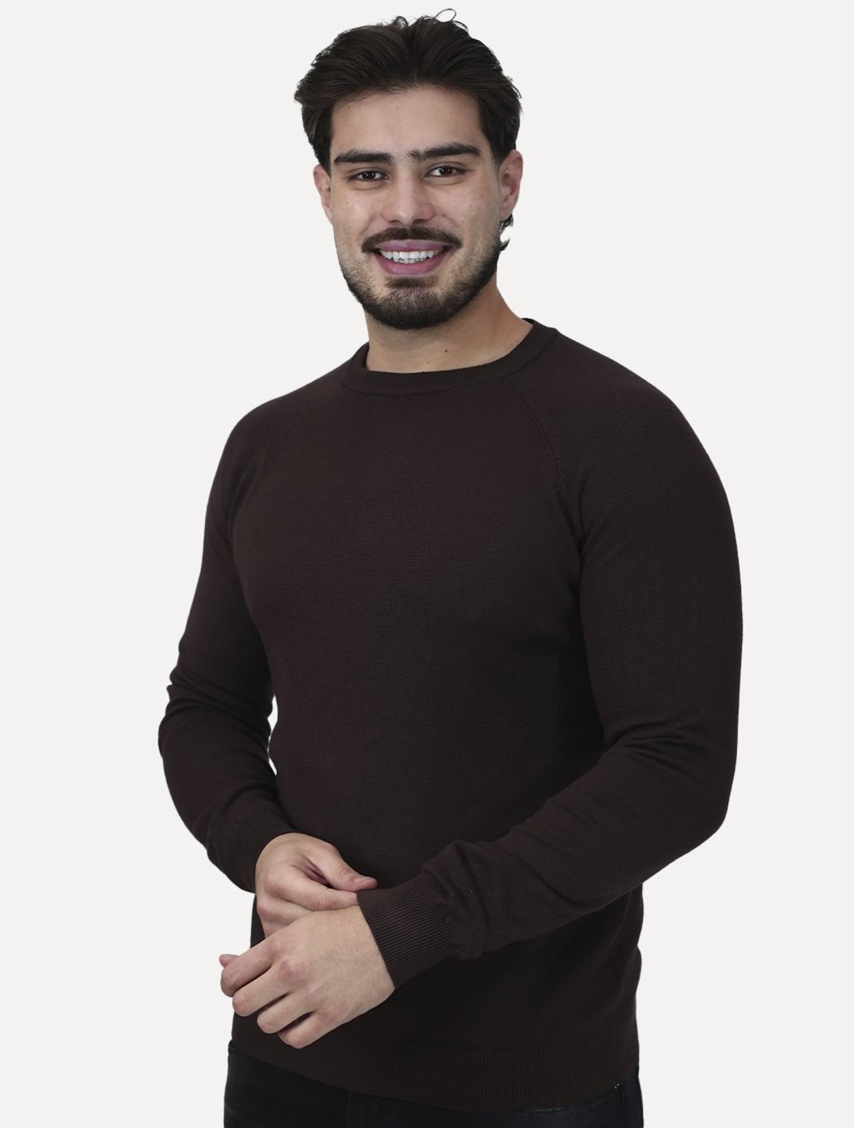 Tricô Dixen Manga Longa Raglan Gola Careca Marrom
