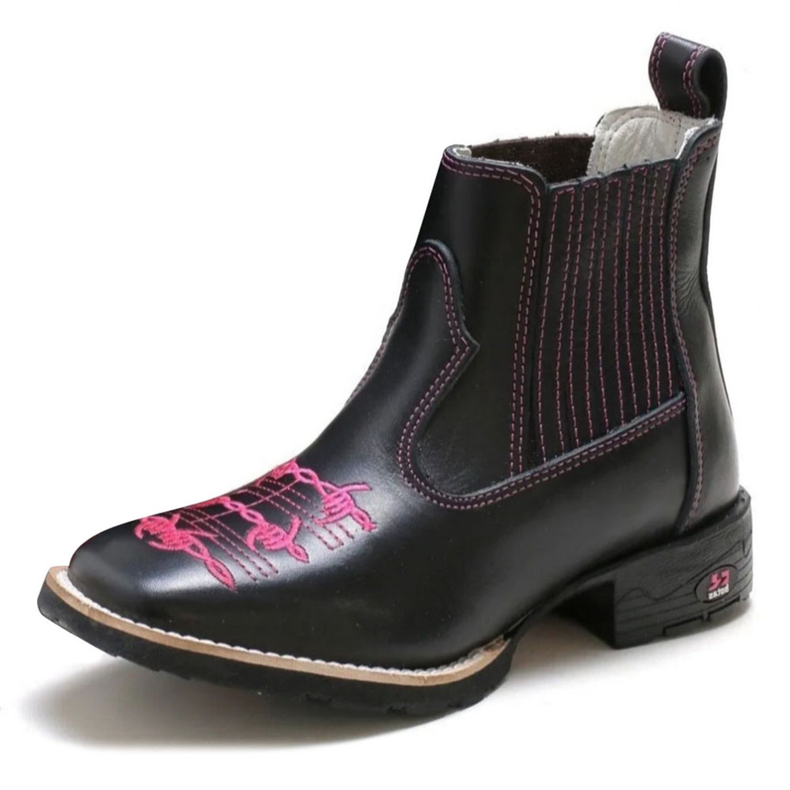 Bota Feminina RR Botas Texana Country Couro Bordado Arame Bico Quadrado Preto Rosa