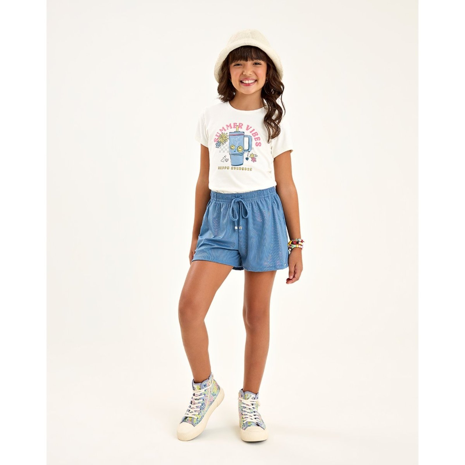 Infantil - Conjunto Menina com Blusa em Cotton e Short em Malha Canelada Holográfica