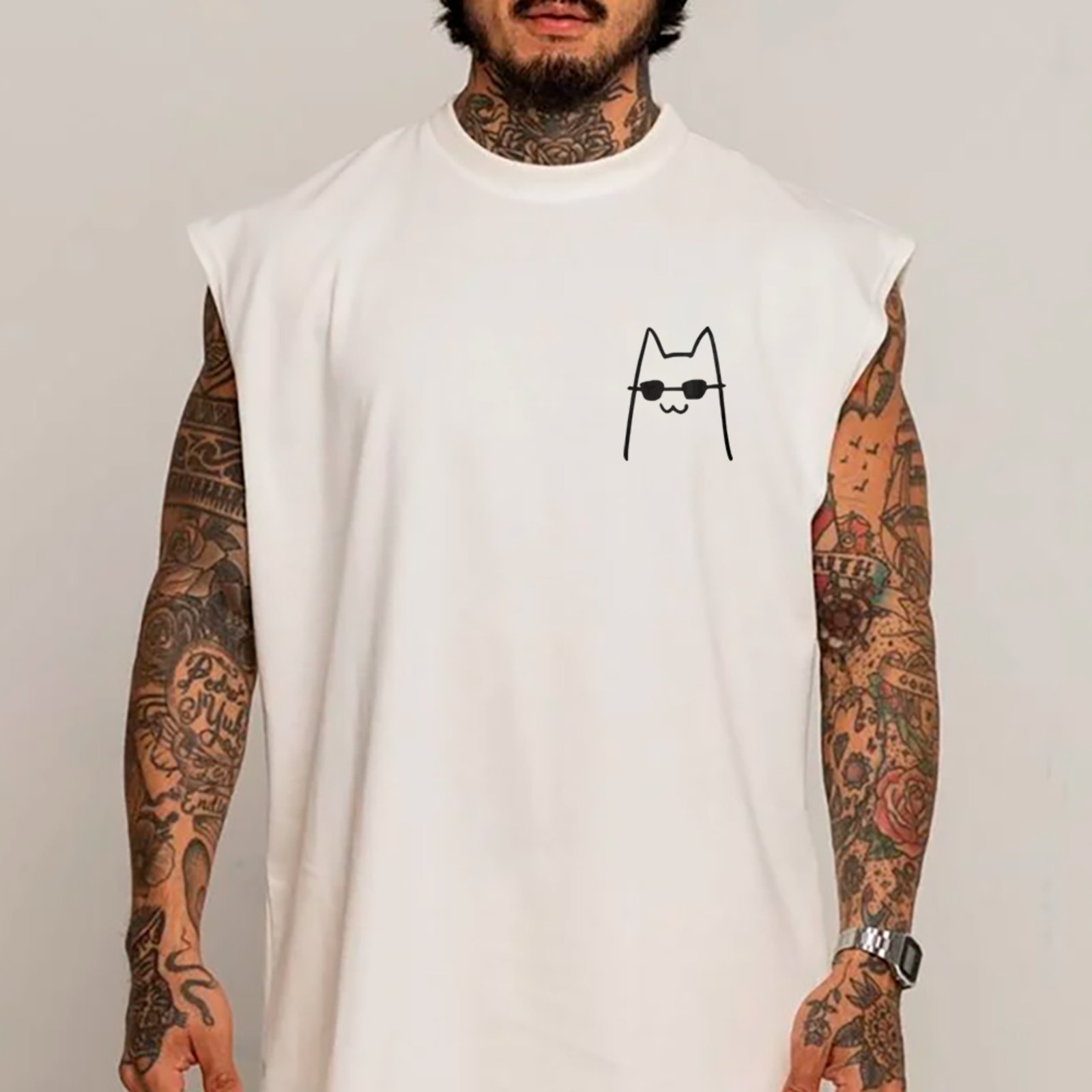 Camiseta Regata Machão Gato Desenho Minimalista Moda Streetwear Branco