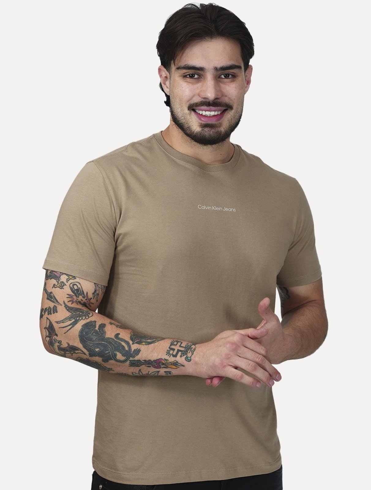 Camiseta Calvin Klein Jeans Masculina Institutional Light New Logo Cáqui Médio