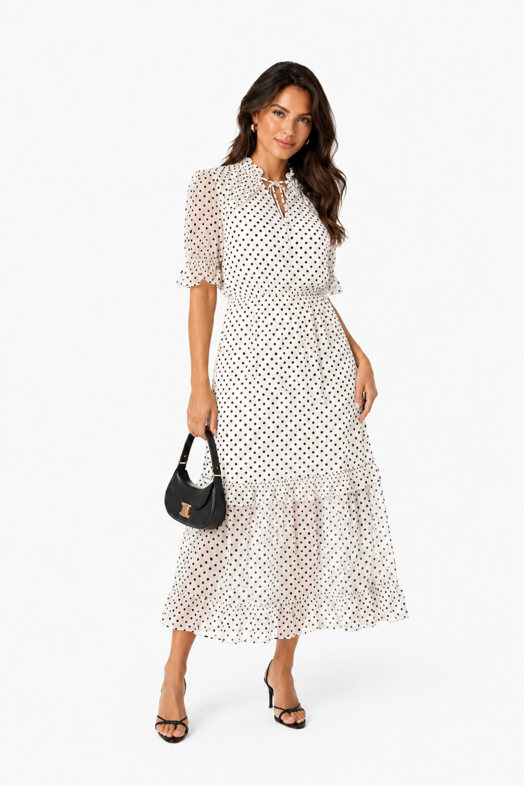 Vestido Midi D Bell Outlet Fashion Chiffon Poá Vintage Off White