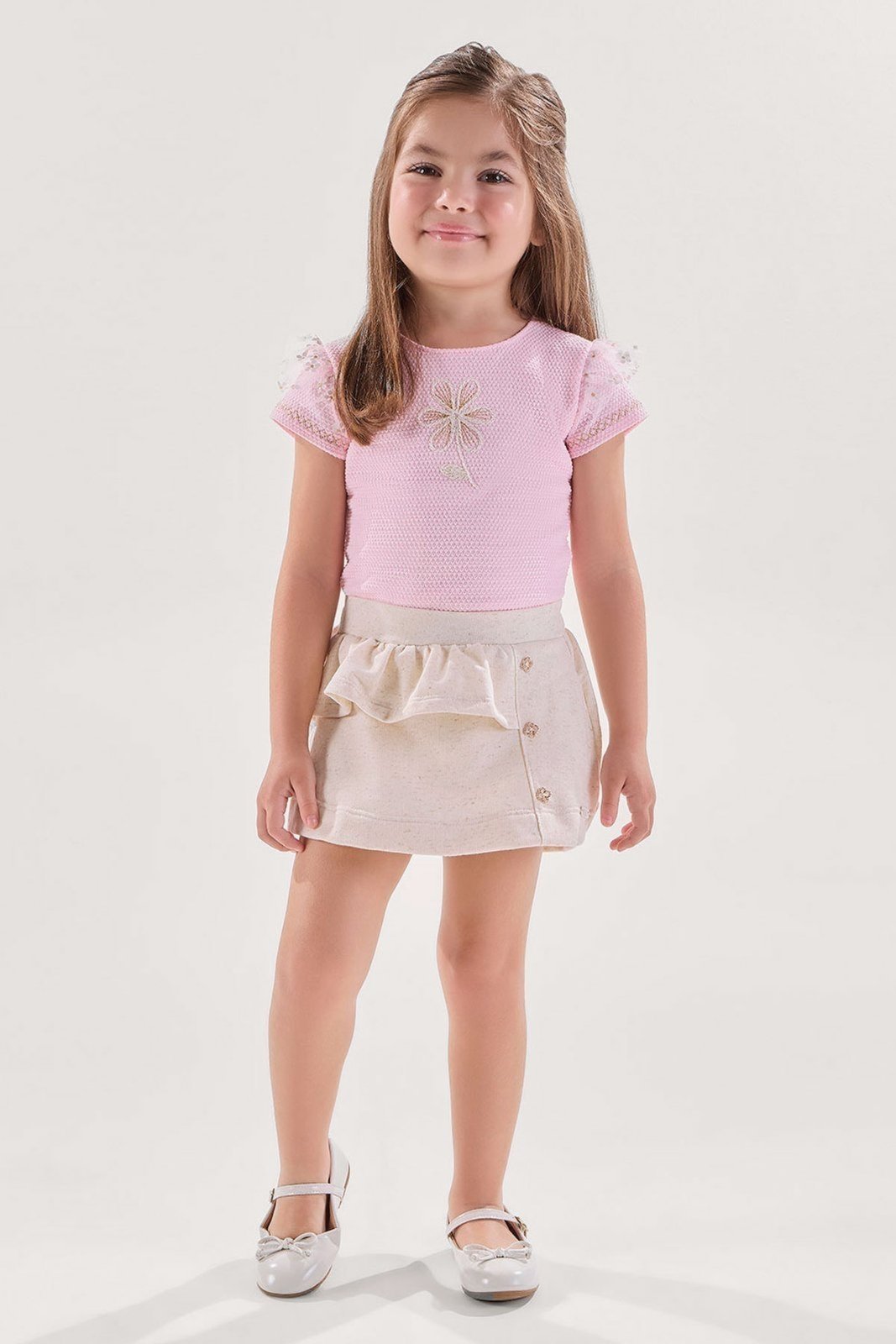 Infantil - Conjunto Blusa Rosa Texturizada com Short-Saia em Moletinho com Linho