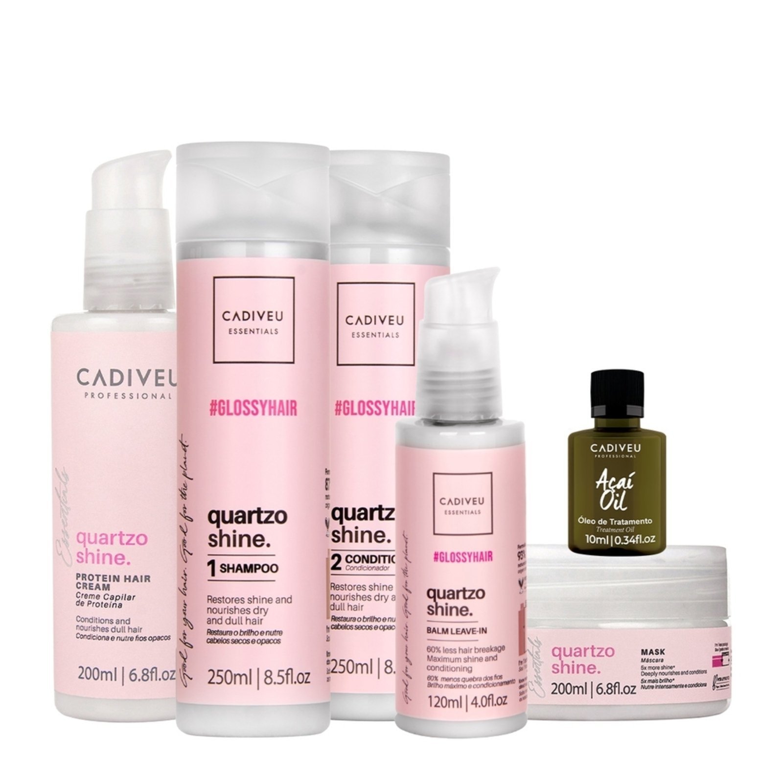 Kit Cadiveu Professional Quartzo Shine Shampoo Condicionador Máscara Pré-Shampoo Leave-in e Açaí Oil (6 produtos)