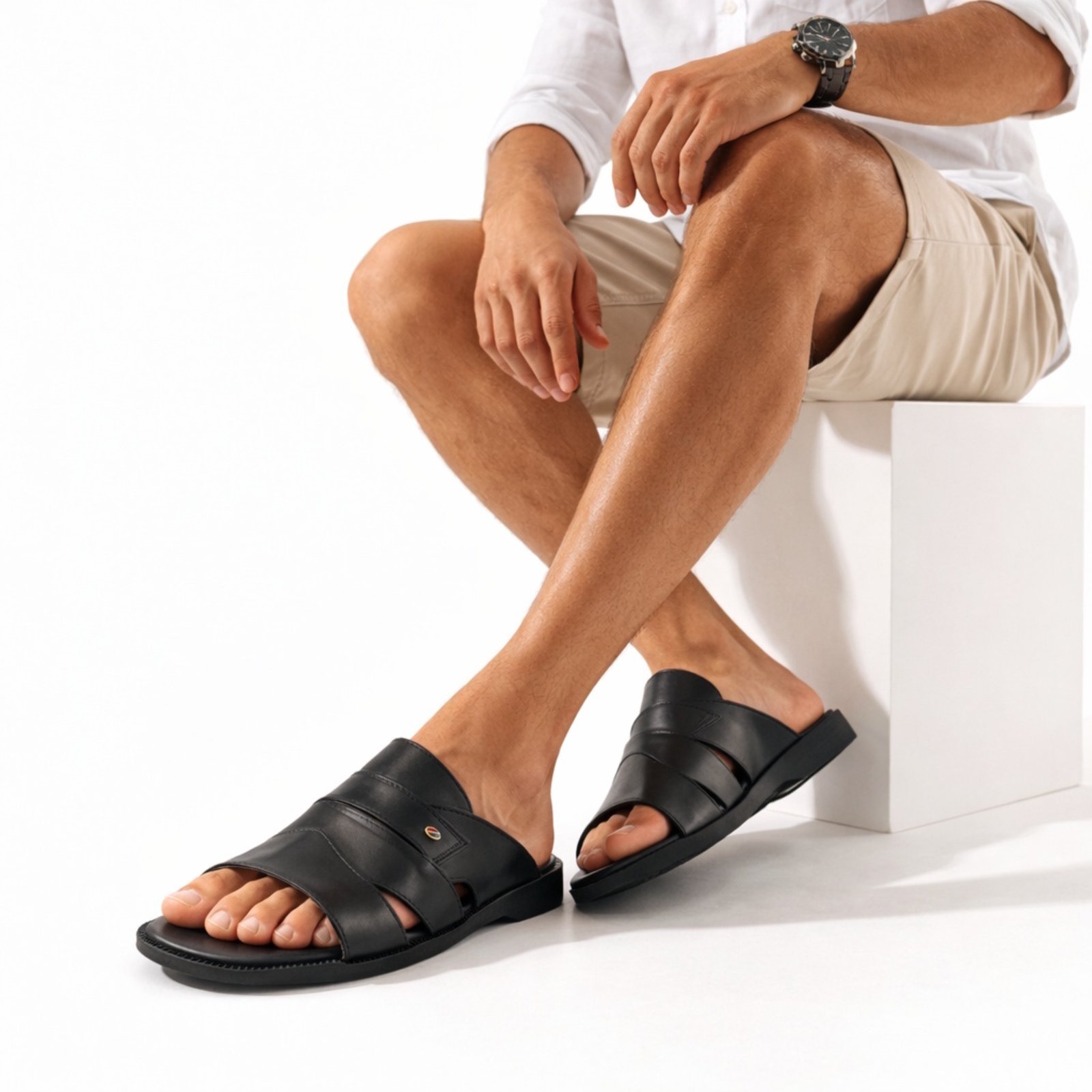 Chinelo Sandália Masculina em Couro Confortável Premium Preto