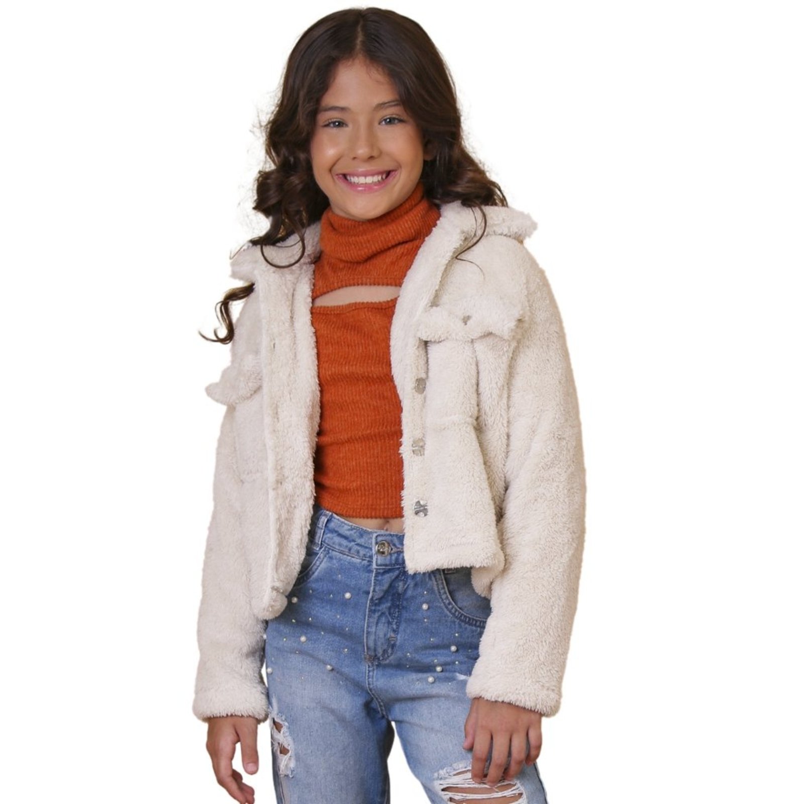 Infantil - Jaqueta Juvenil Look Jeans Teddy Bege