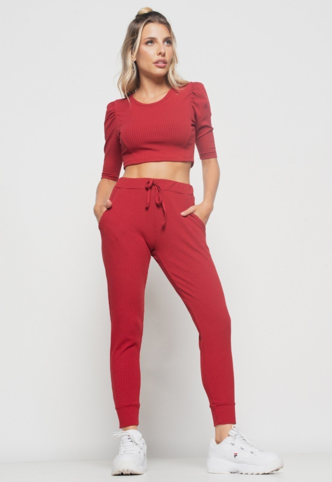 Calça Salvatore Jogger Comfy Malha Canelada Vermelho Escuro