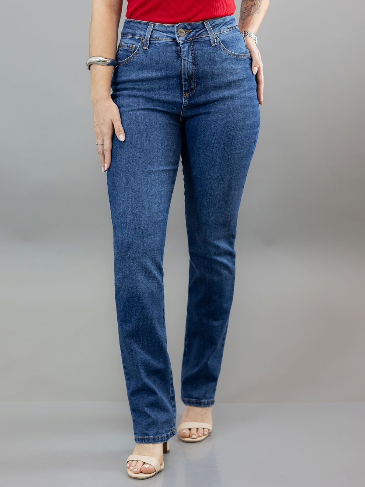 Calça Reta Feminina Jeans Tradicional Cintura Alta Anticorpus