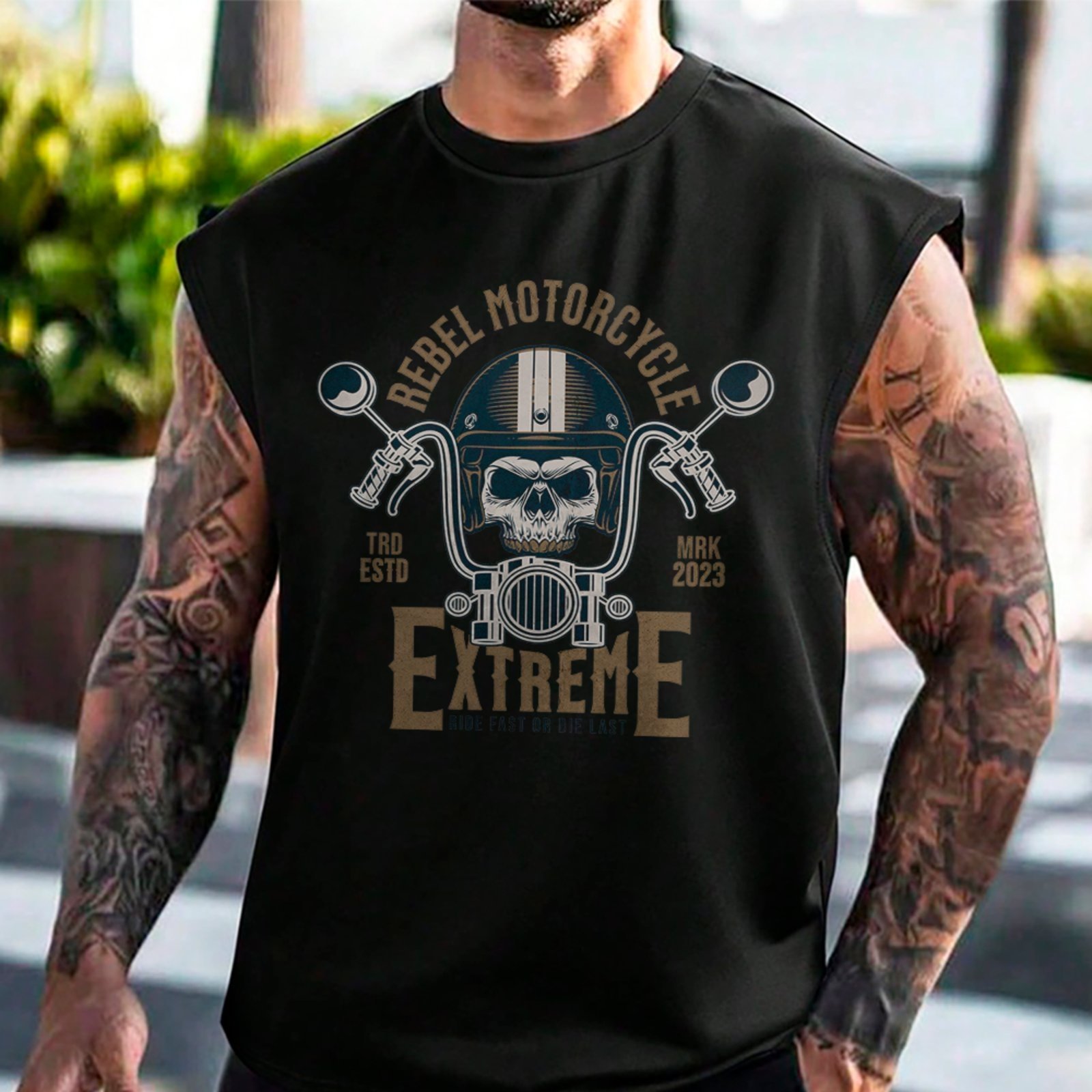 Camiseta Regata Machão Skull Motorcycle Extreme Style Preto