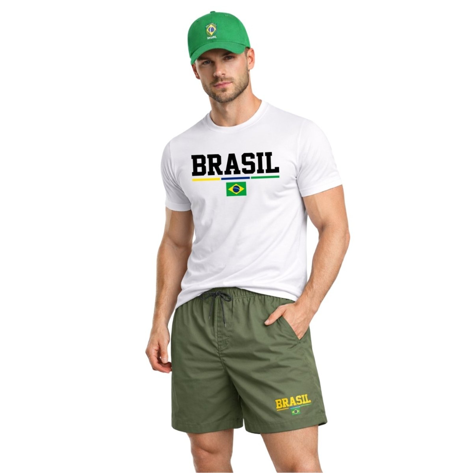 Kit Completo Brasil Masculino Camiseta Algodão Bermuda Tactel Casual e Boné