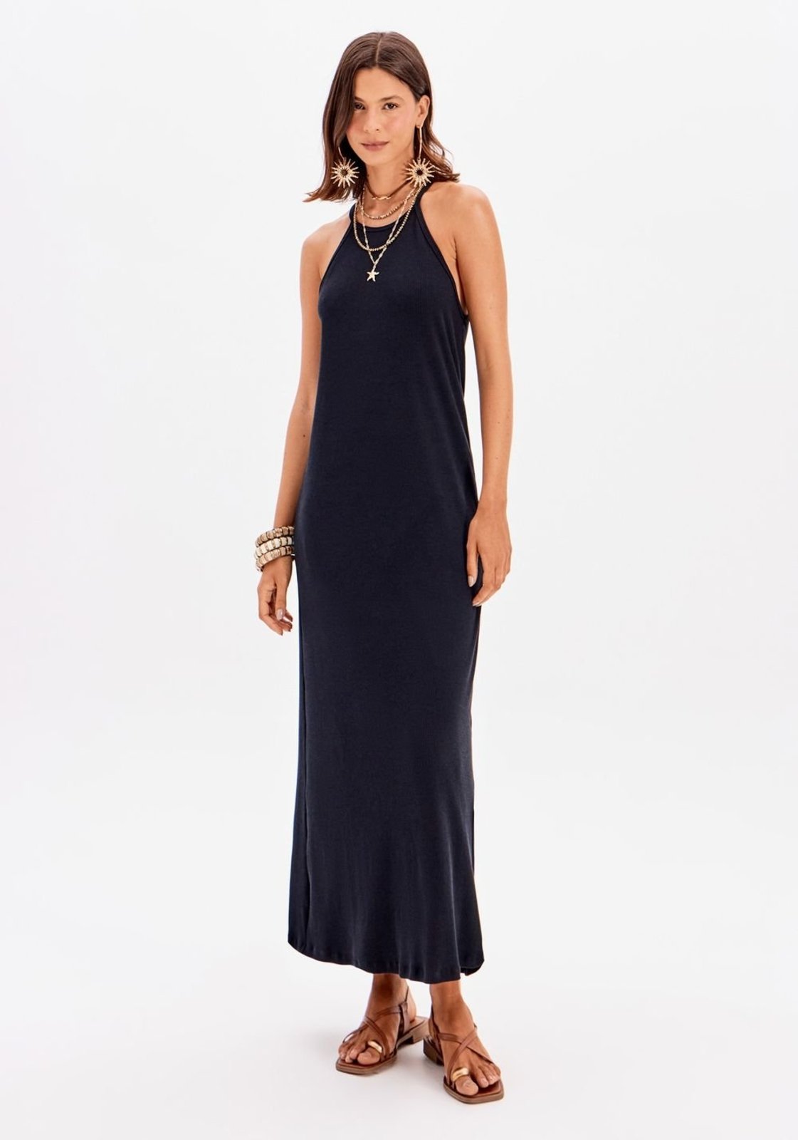 Vista 2 Vestido Super Midi Canelado preto preto