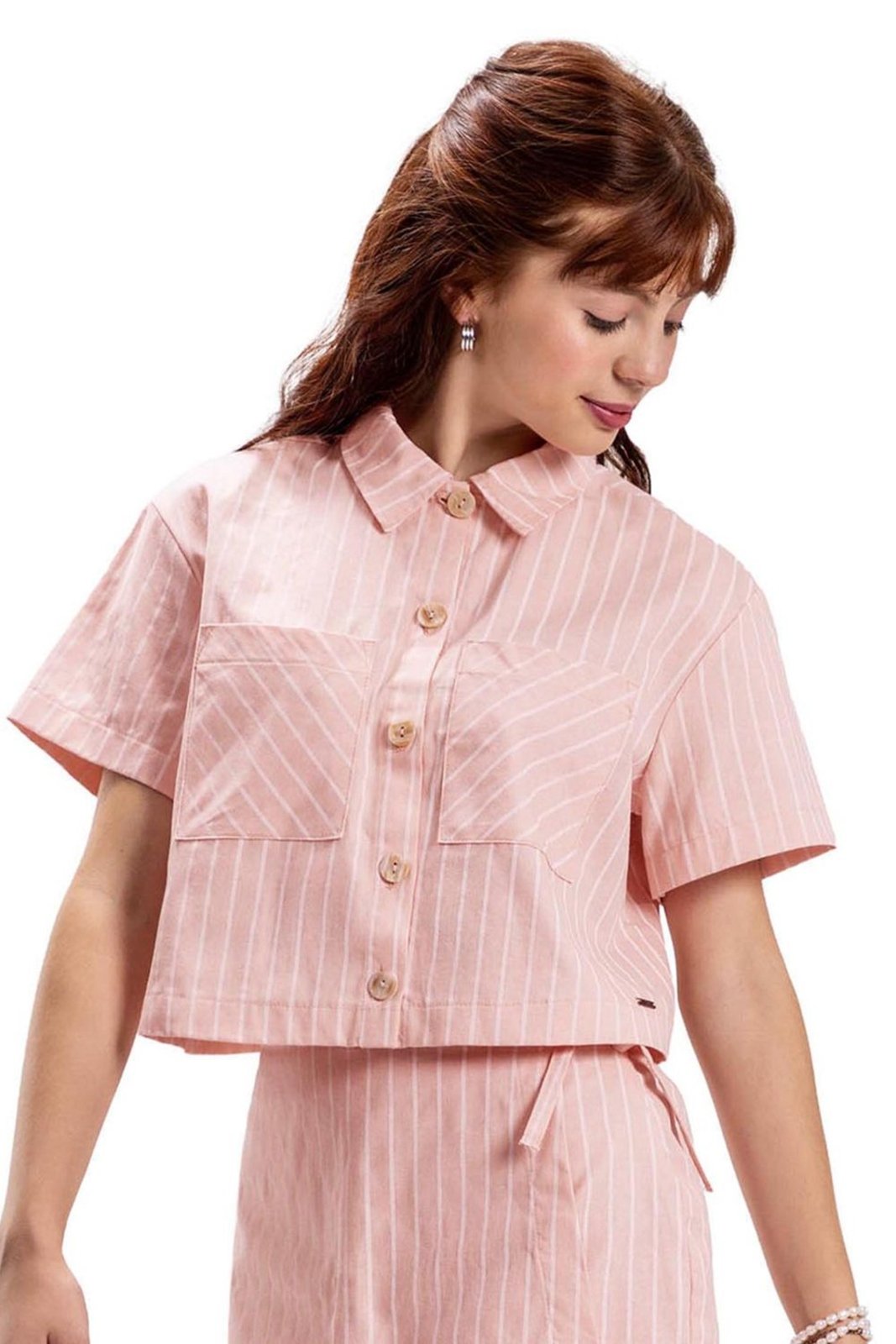 Infantil - Camisa Juvenil Menina Cropped Listrada Elian Rosa