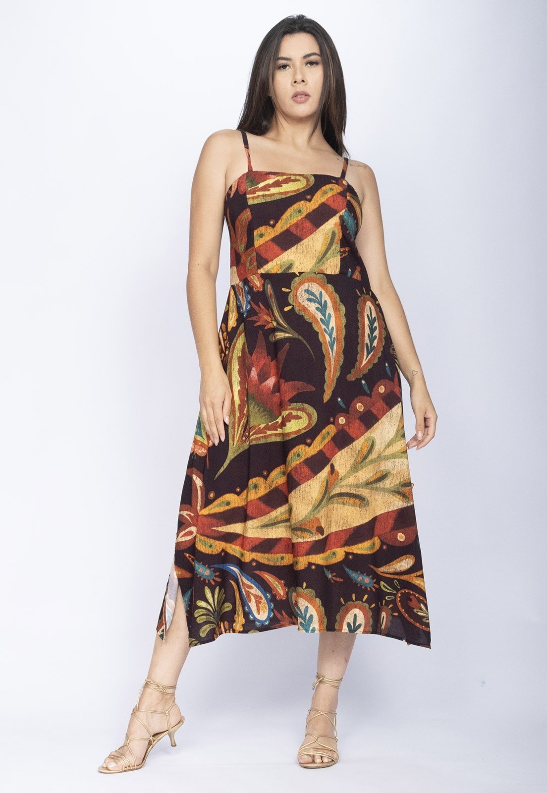 Vista 2 Vestido Amazonia Vital Midi Amazó Alça Fina Estampa Boho Terra Amazonia Vital estampado