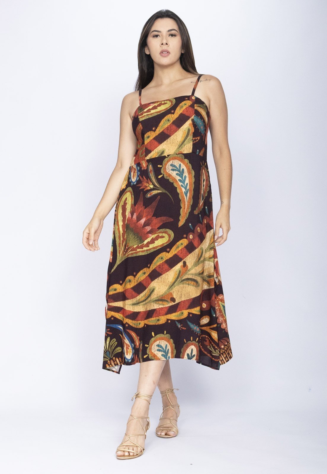Vista 3 Vestido Amazonia Vital Midi Amazó Alça Fina Estampa Boho Terra Amazonia Vital estampado