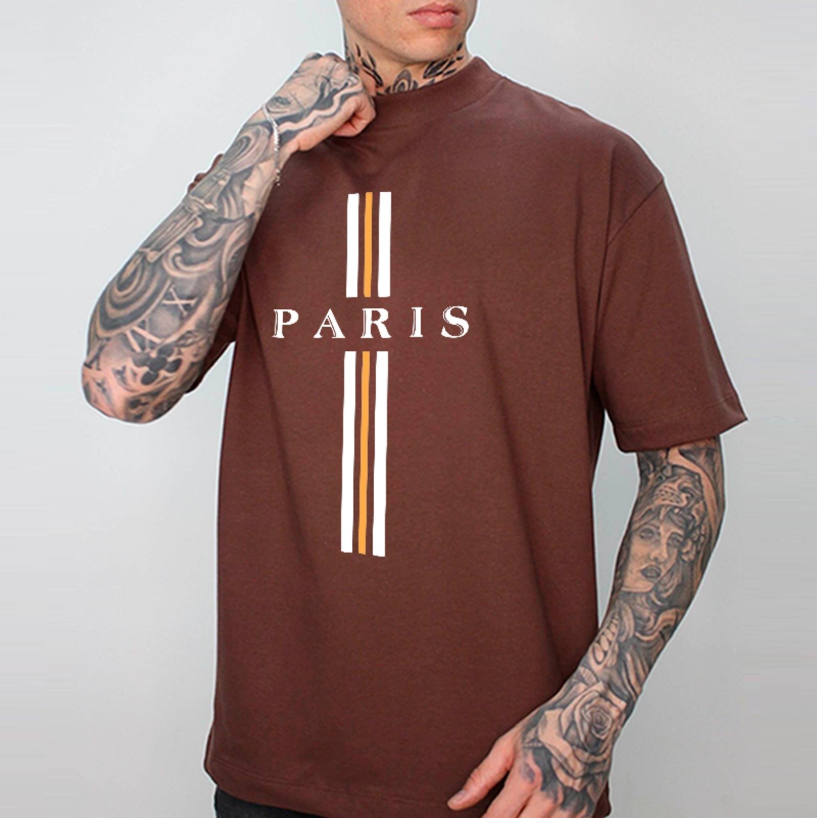 Camiseta Oversized Paris Listrada Fashion Streetwear Conforto Premium Marrom