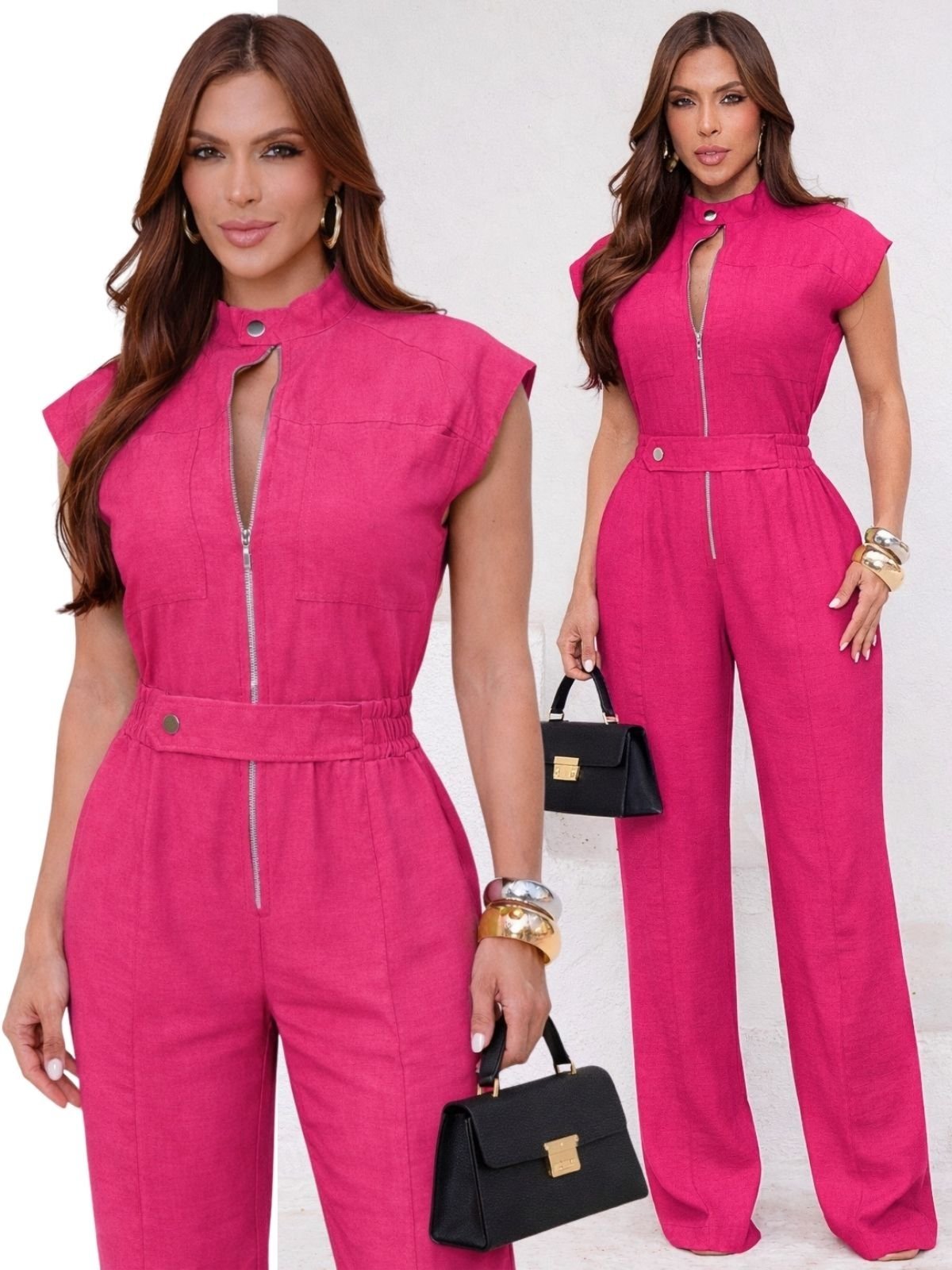 Macacão Longo Tropical Fashion Cargo Com Zíper Frontal - Rosa Crush