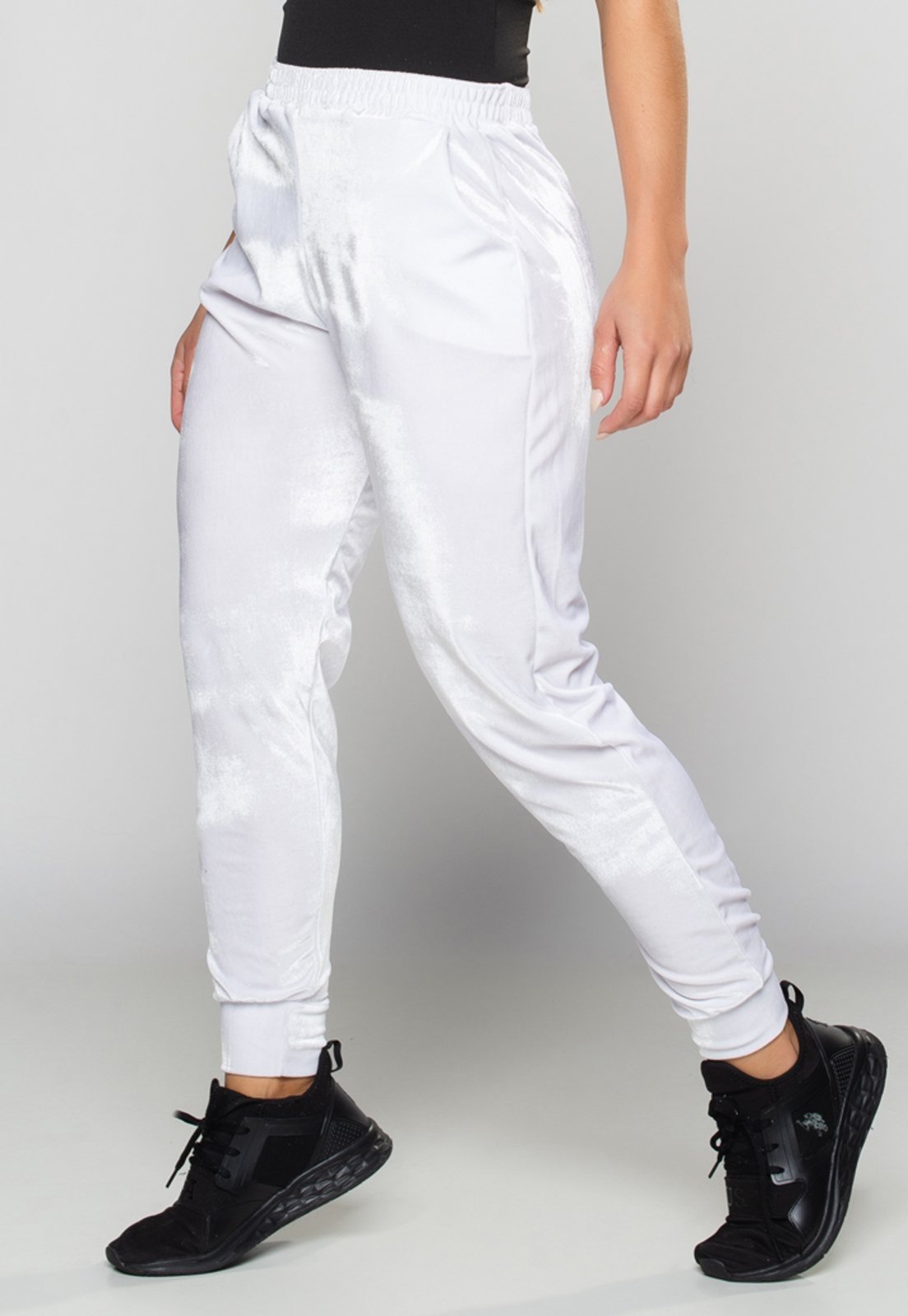 Calça Jogger MVB Modas Cintura Alta Veludo Molhado Branco