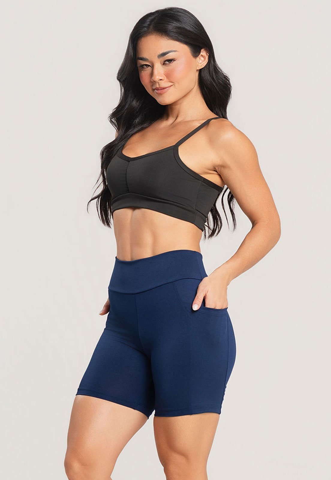 Short Bolso MVB Modas Fitness Zero Transparência Feminino Blackout Academia Treino Azul