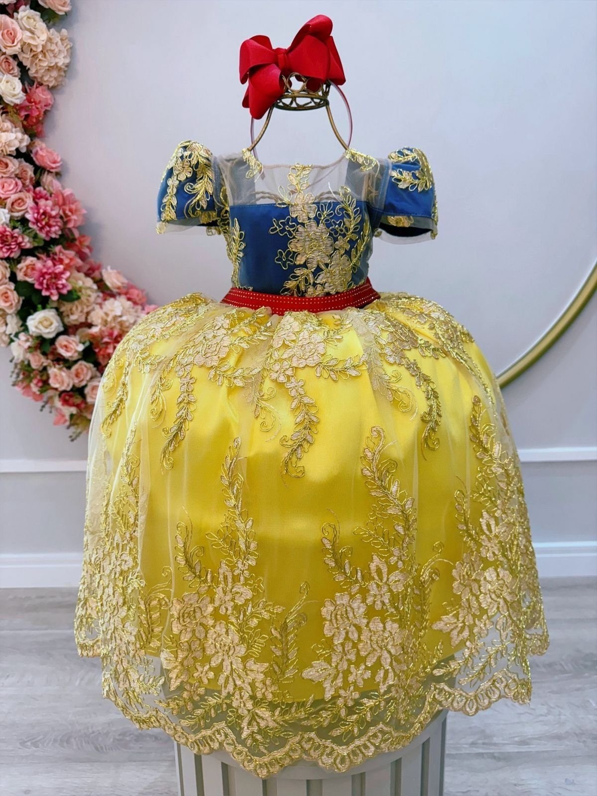 Infantil - Vestido Fantasia Princesa Azul Amarelo Dourado Luxo Realeza Aniversário Temático Luxo
