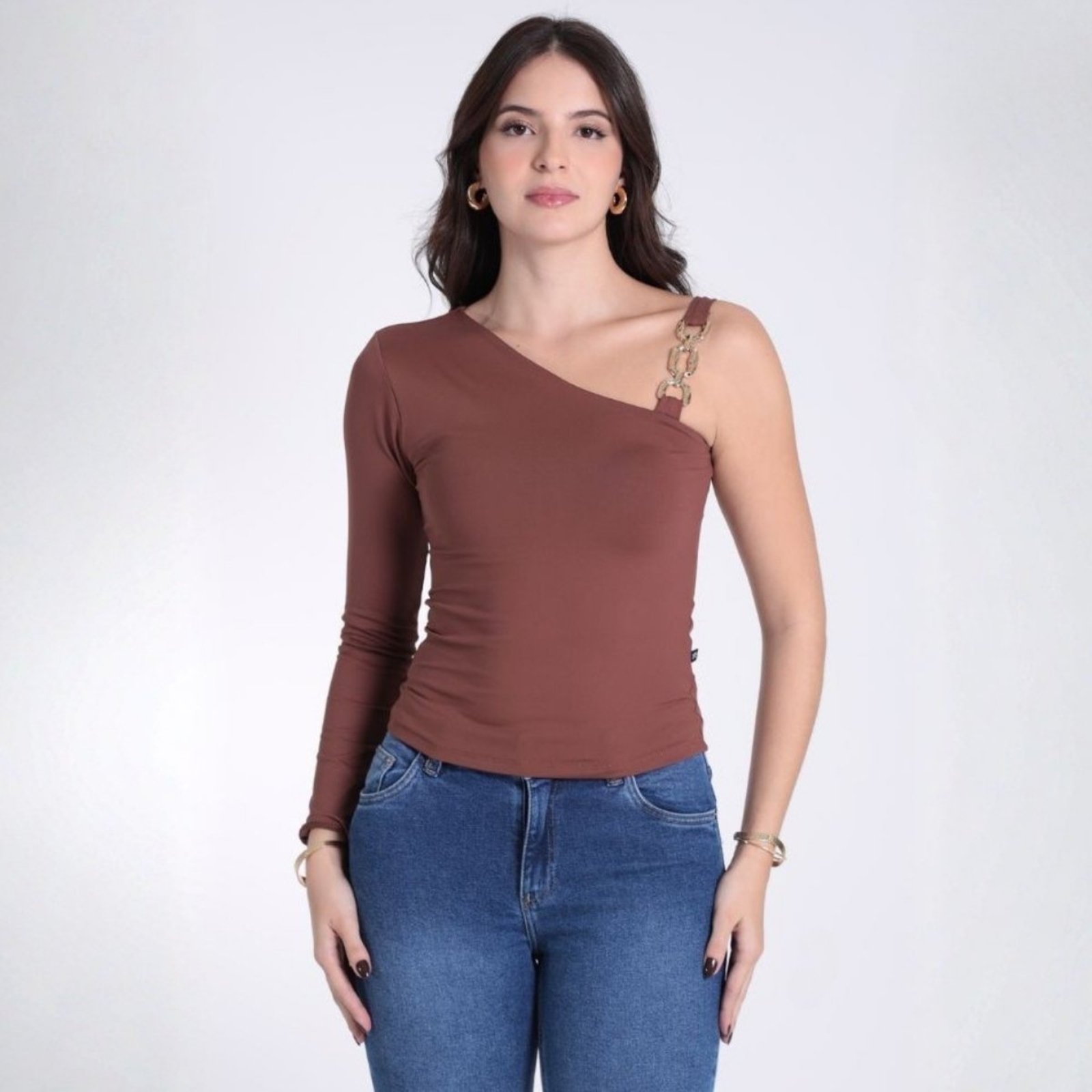 Blusa Ombro Só Manga Longa com Acessório Feminina Revanche Lorena