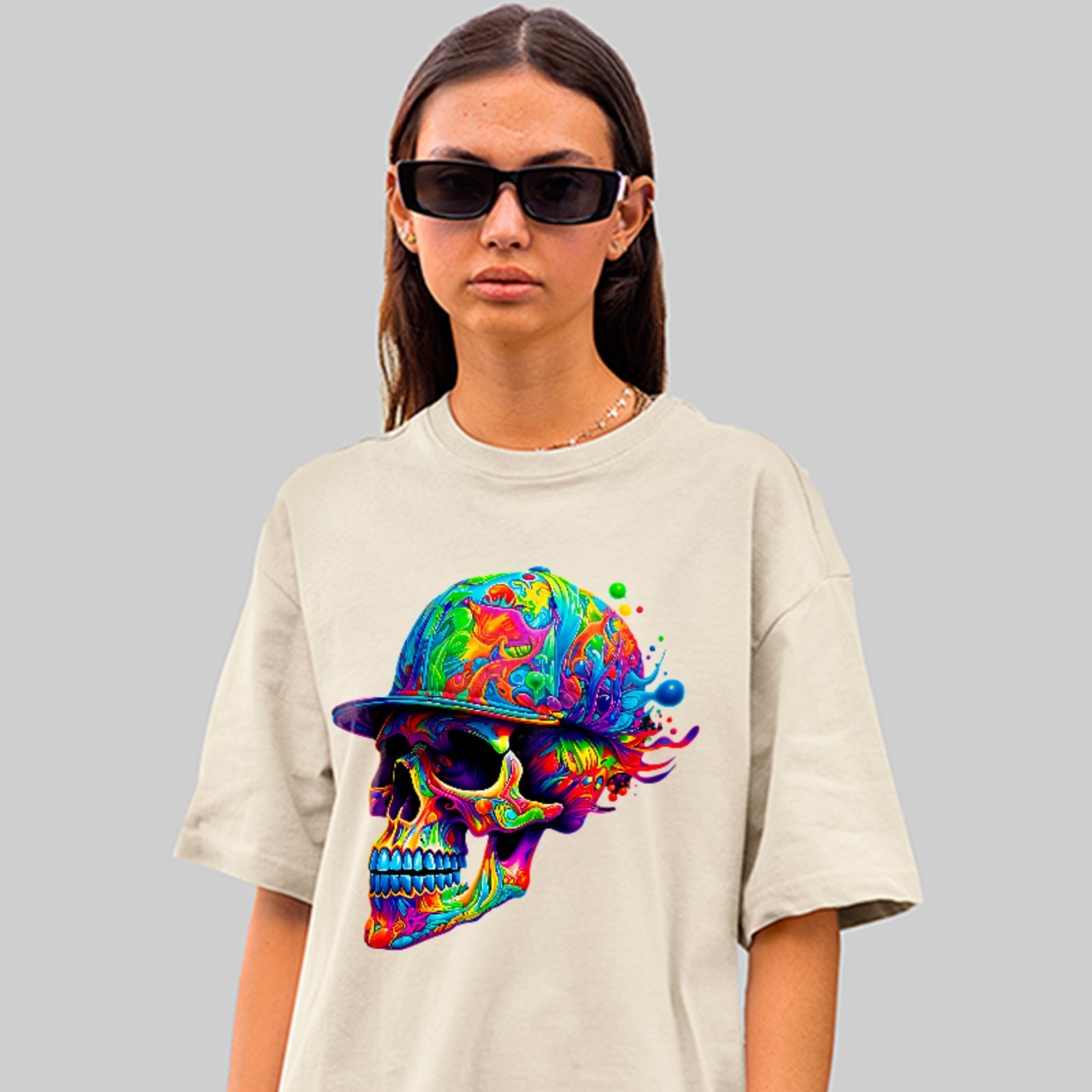 Camiseta Oversized Premium Psychedelic Skull Street Style Unissex Off White
