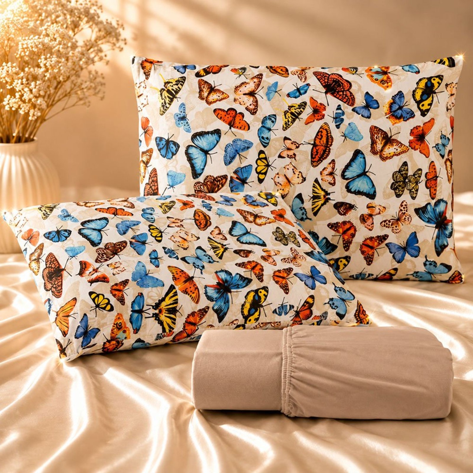 Jogo de Cama Lençol Malha Grossa Fio Penteado 100% Algodão King 3 Peças - Borboleta
