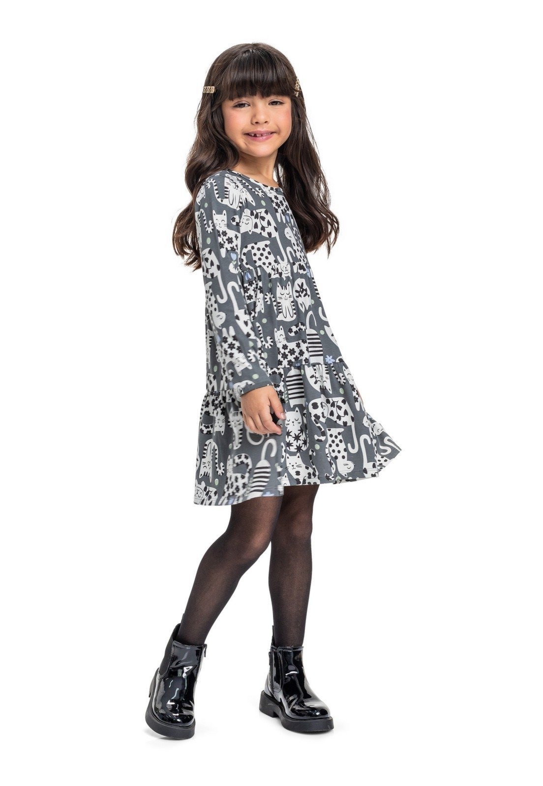 Vista 2 Infantil - Vestido Manga Longa de Gatinho Bee Loop Bee Loop cinza