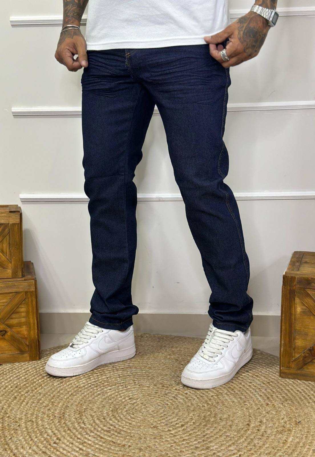 Calça Jeans Elegante Carbono Escuro Masculina Skinny Reta Tecido Premium