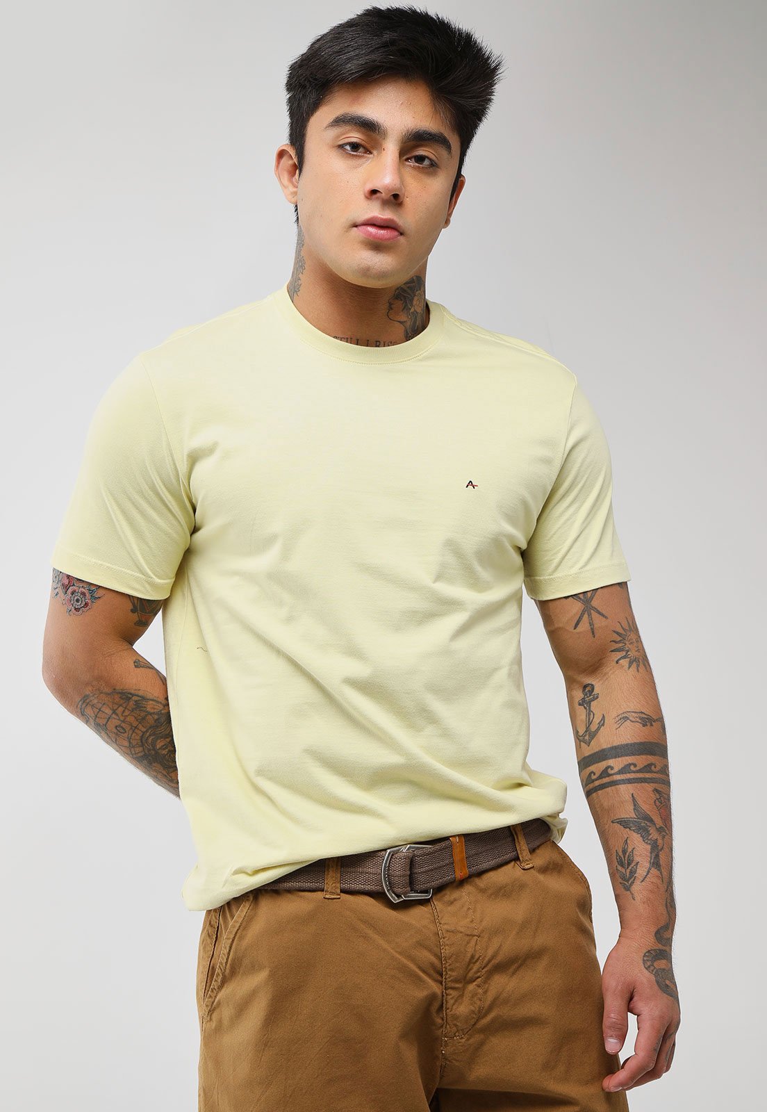 Camiseta Masculina Aramis Logo Bordado Amarelo Claro