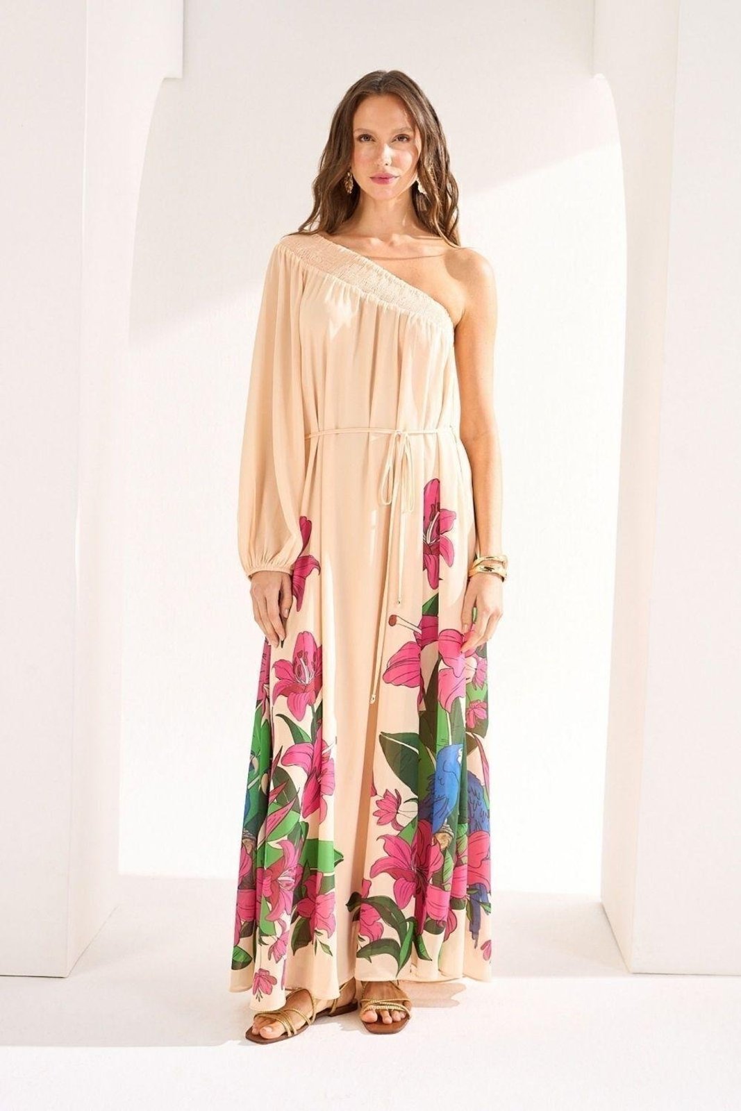 Vestido Ombro Só Com Estampa Ritmi Studio Bege