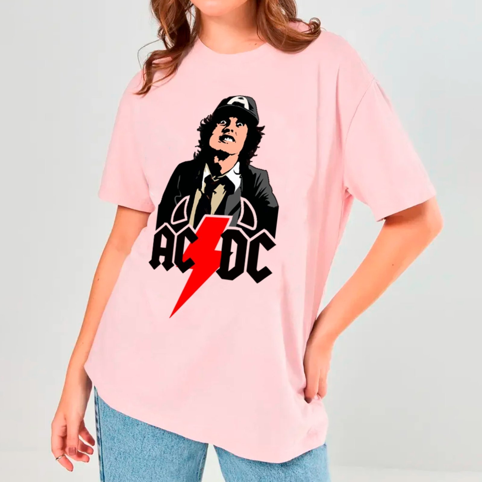 Vista 2 Camiseta Ousy Básica AC DC Angus Young Estilo Urbano Unissex rosa ousy rosa
