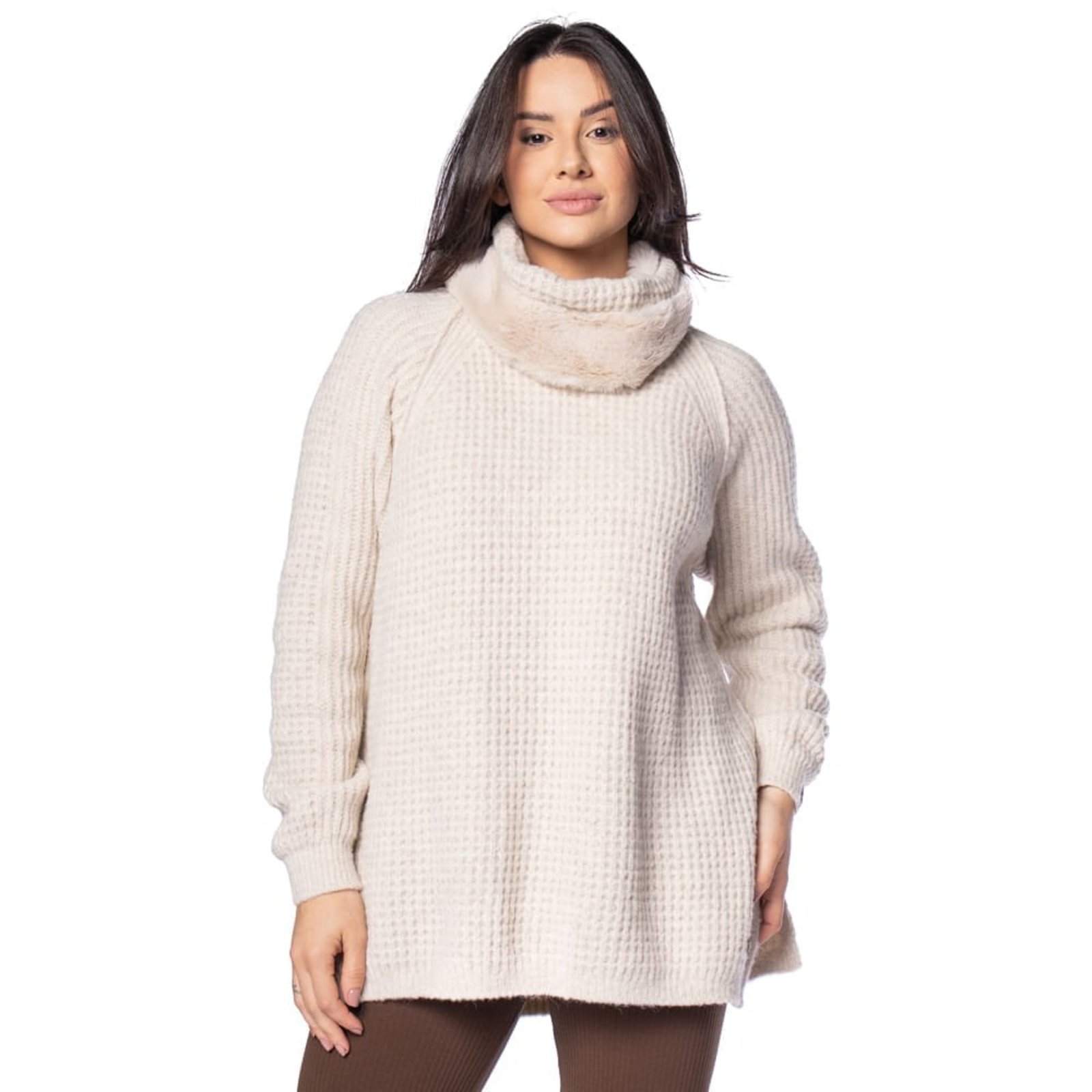 Blusa Feminina Biamar Tricot Com Gola Removível Bege Claro