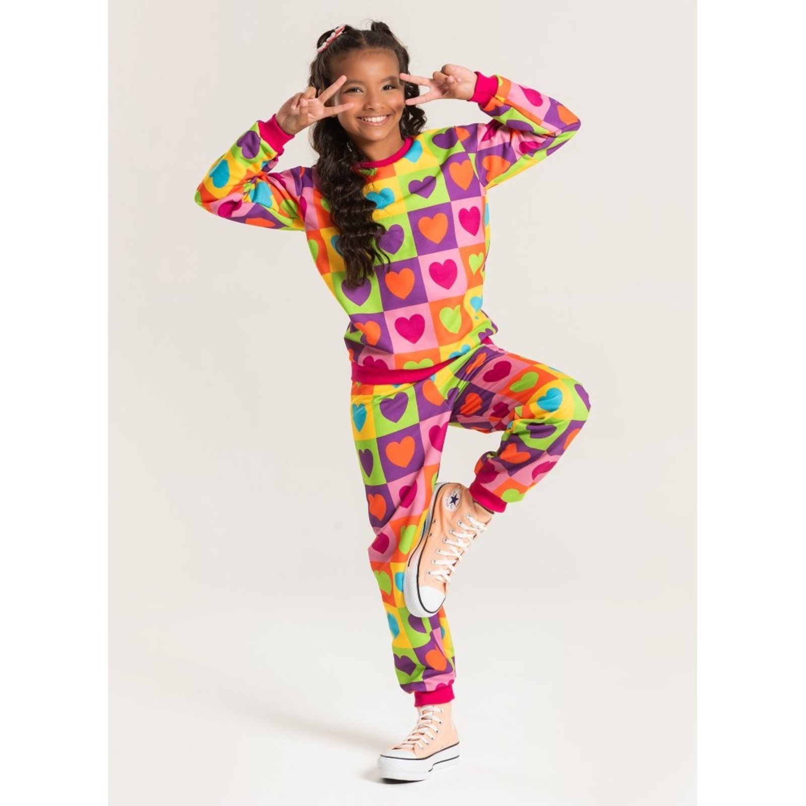 Infantil – Conjunto Inverno Menina Pink Blusão e Calça em Moletom Corações
