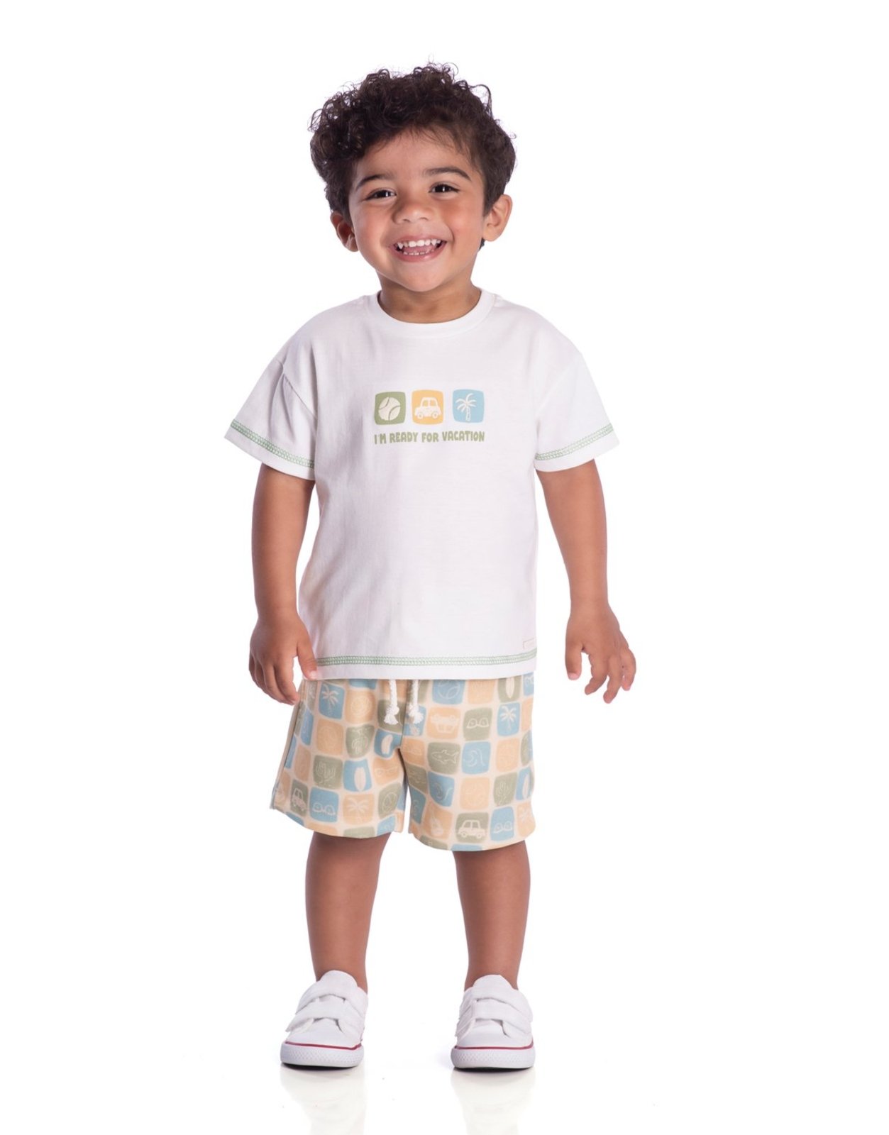 Infantil - Conjunto camiseta malha off-white estampada e bermuda sarja bege