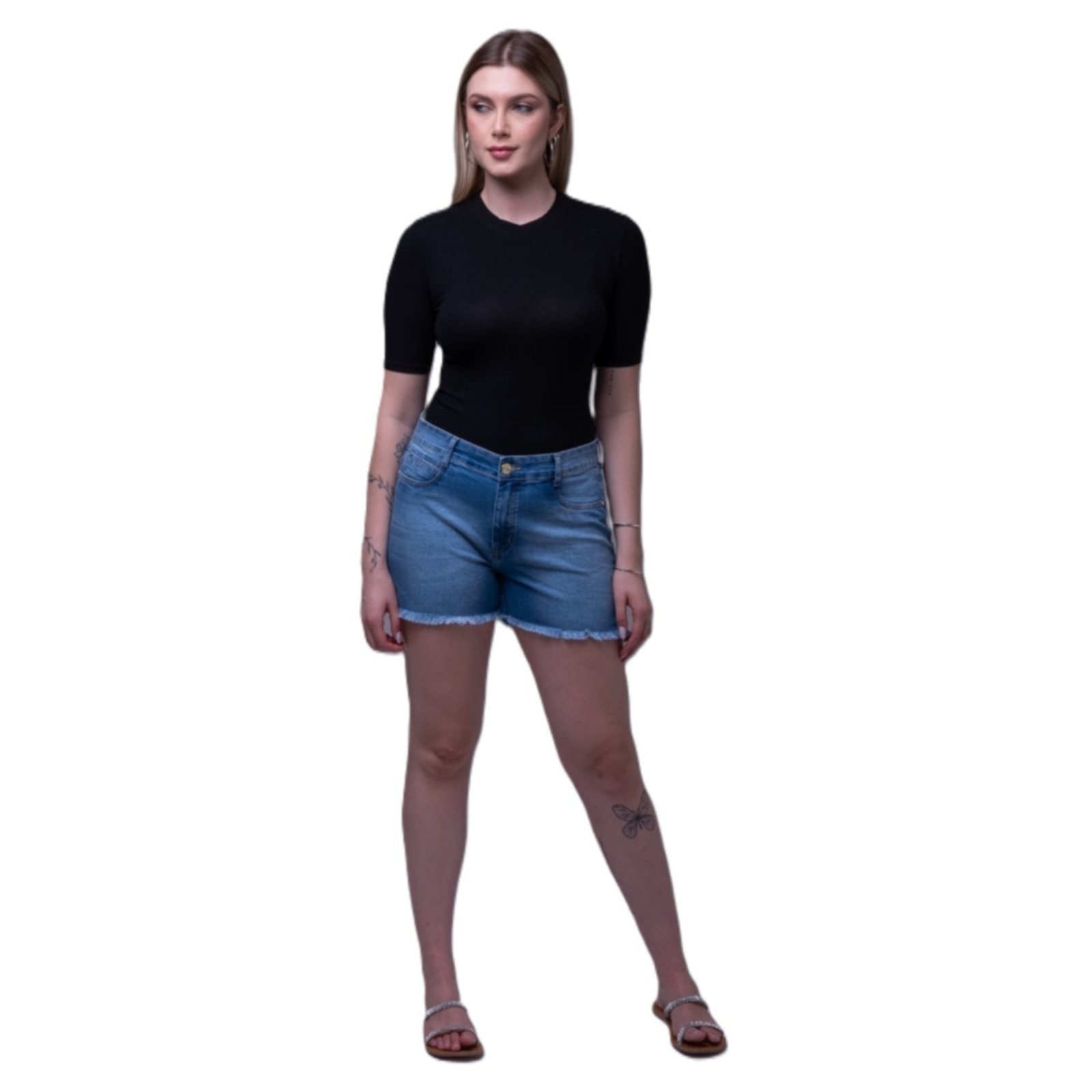 Short Jeans Feminino Cintura Alta Barra Desfiada