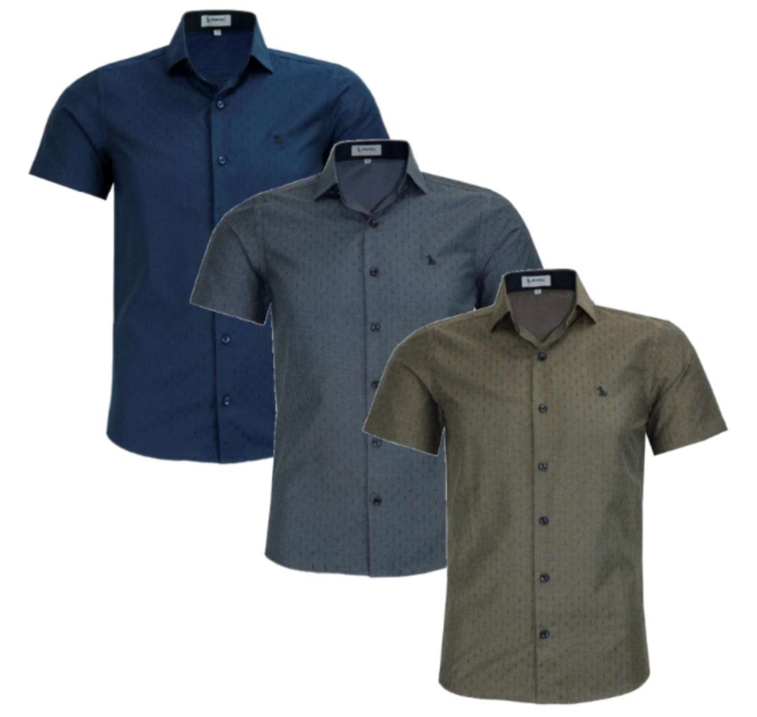 Kit 3 Camisas Sociais Slim Amil Misto Macia Micro Estamp Manga Curta Luxo