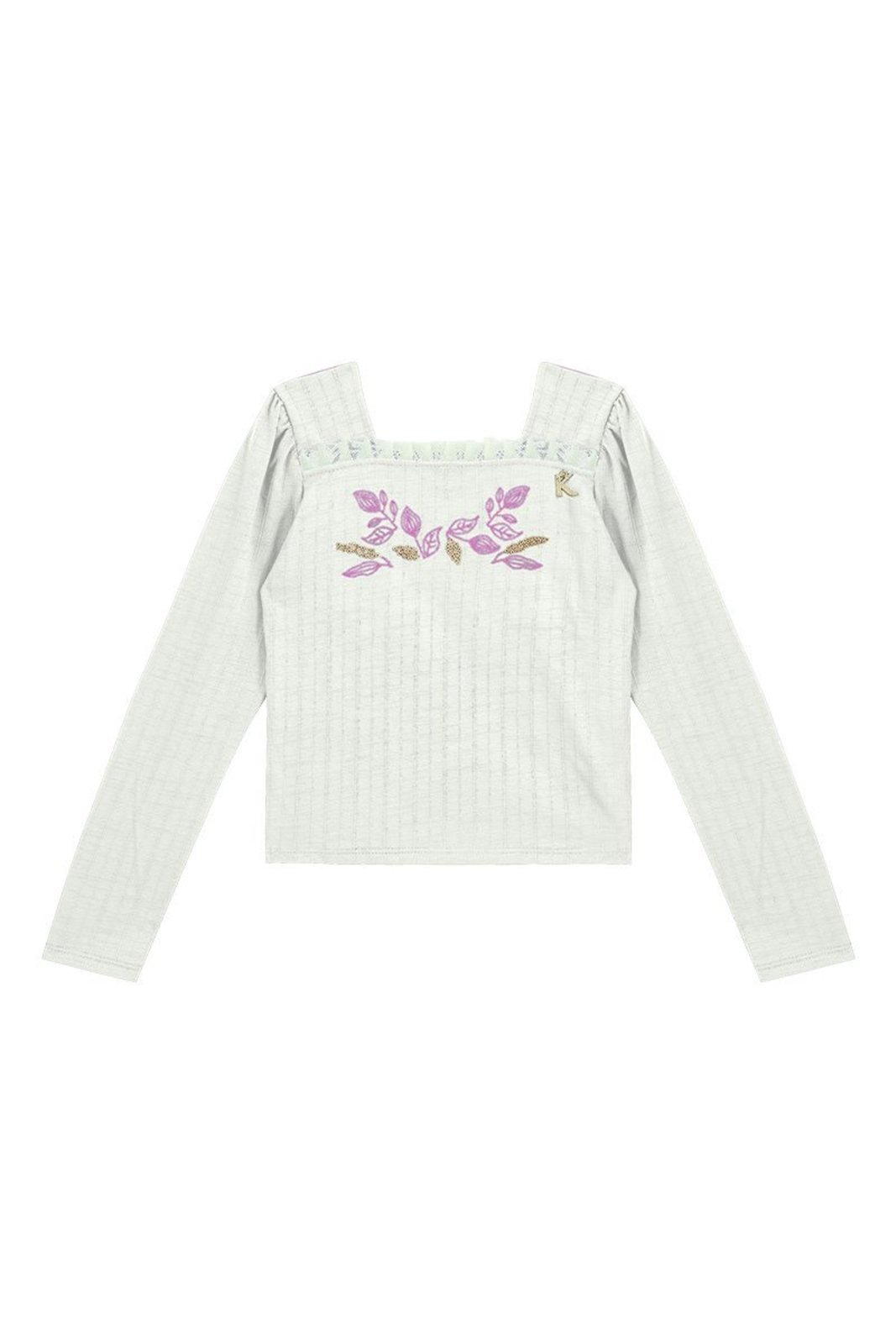 Infantil - Blusa Off em Algodão Texturizado com Gola em Tule Bordada