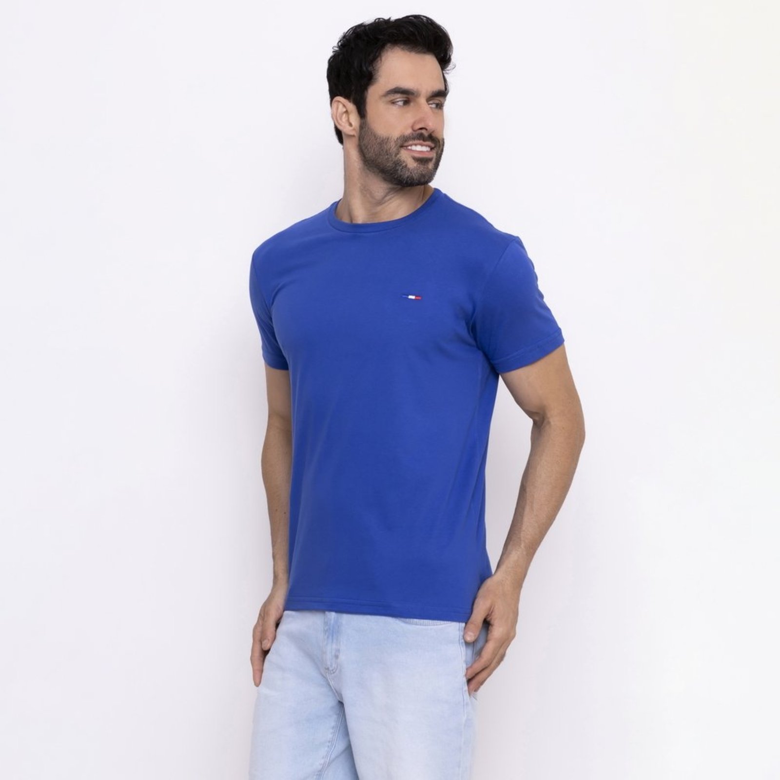 Camiseta Básica Masculina em Algodão Premium Bordado Premium França Royal Azul Royal