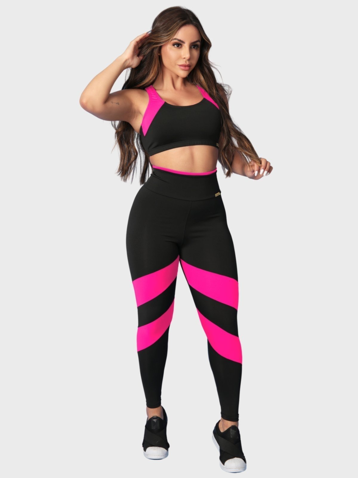 Conjunto Fitness Tarelles Top Calça Legging Cintura Alta Preto e Rosa Neon