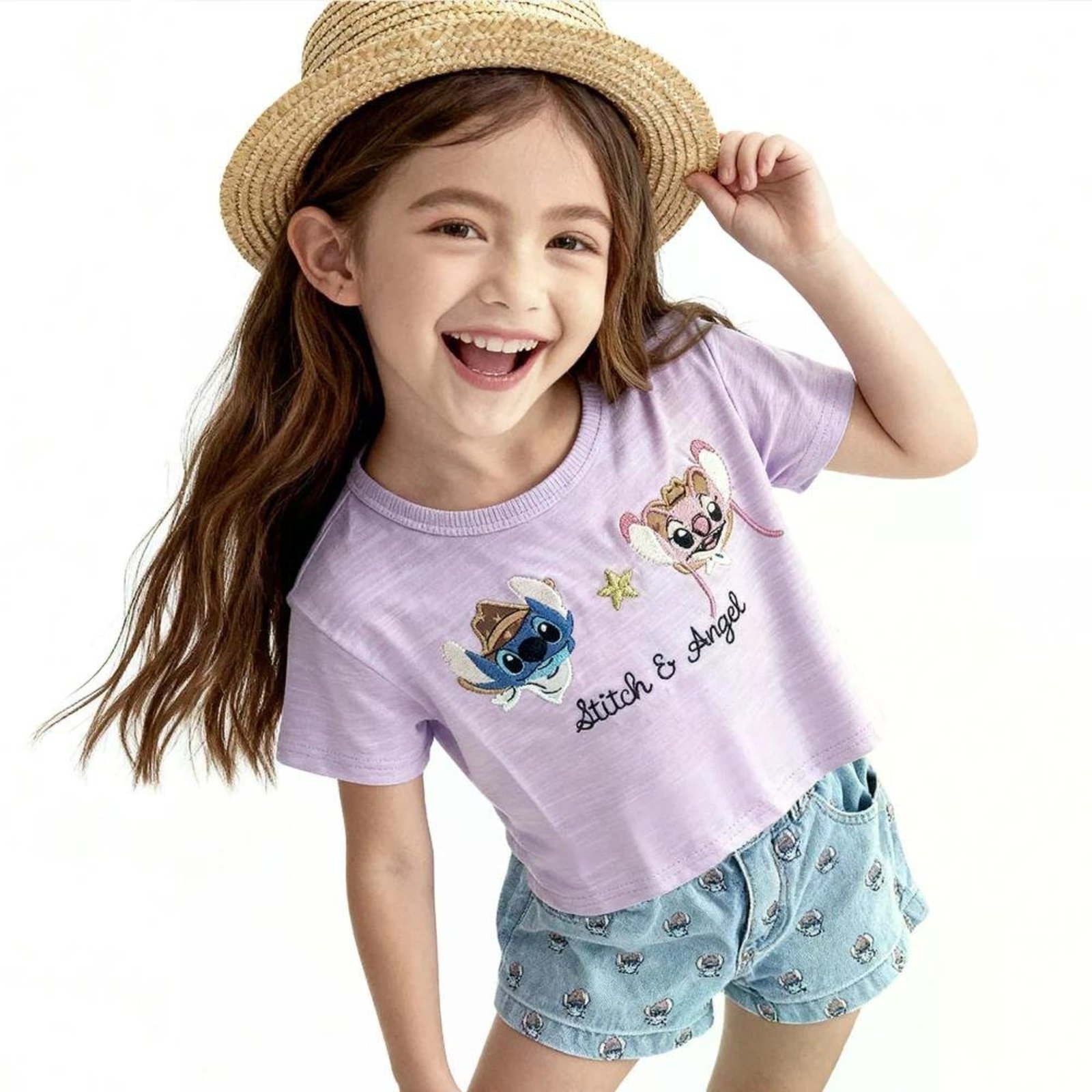 Infantil - Blusa Menina Disney Stitch Western Alphabeto Nevoa Multicolorido