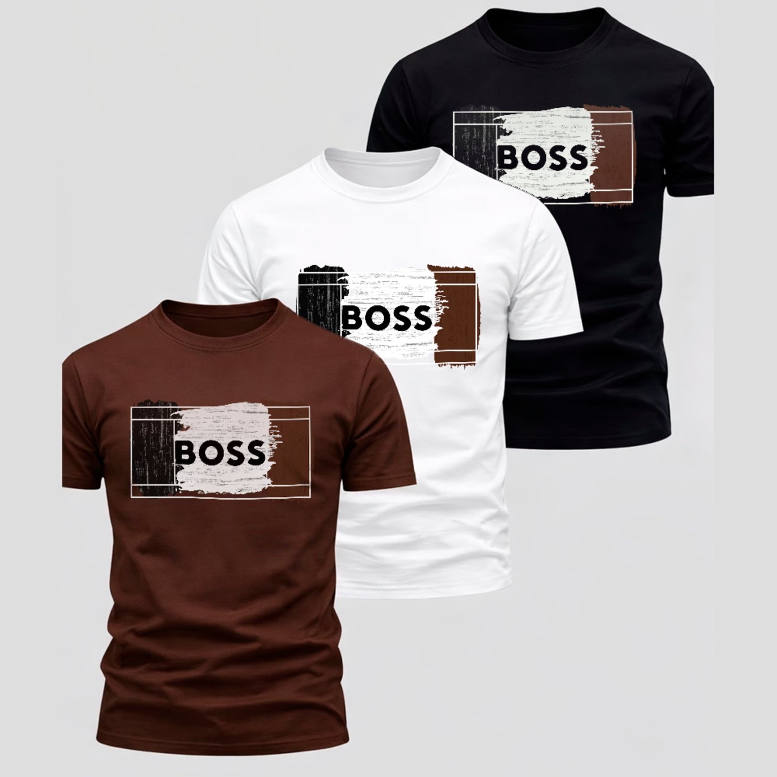 Kit 3 Camisetas Básicas Boss Estampa Brush Tricolor Streetwear Casual