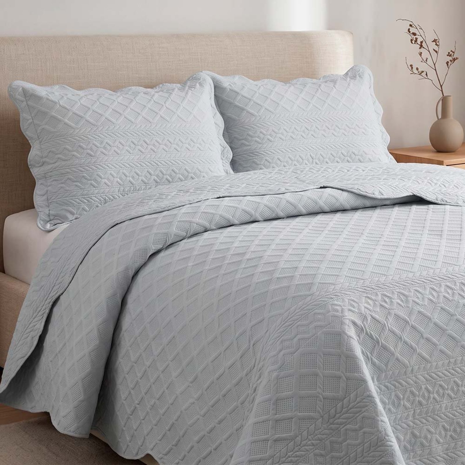 Kit Cobre Leito Mosaico King Percal 300 Fios Colcha Matelassê Alto Relevo 3 Peças Cinza