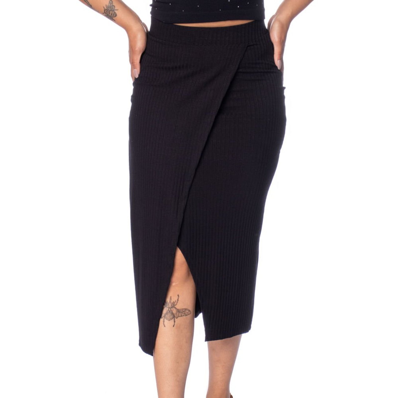Saia Feminina Habana Canelada Midi Preto