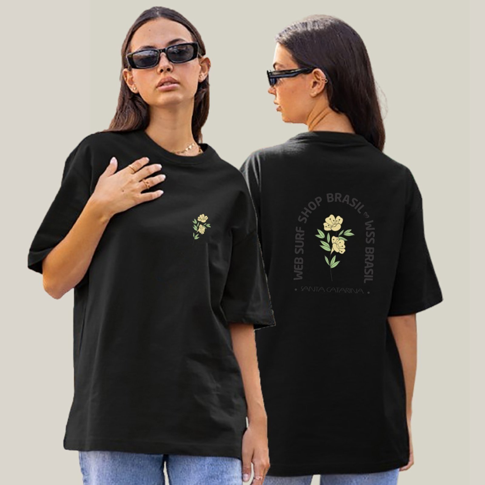 Camiseta Oversized Feminina Preta Algodão Prime WSS Yellow Bloom Preto