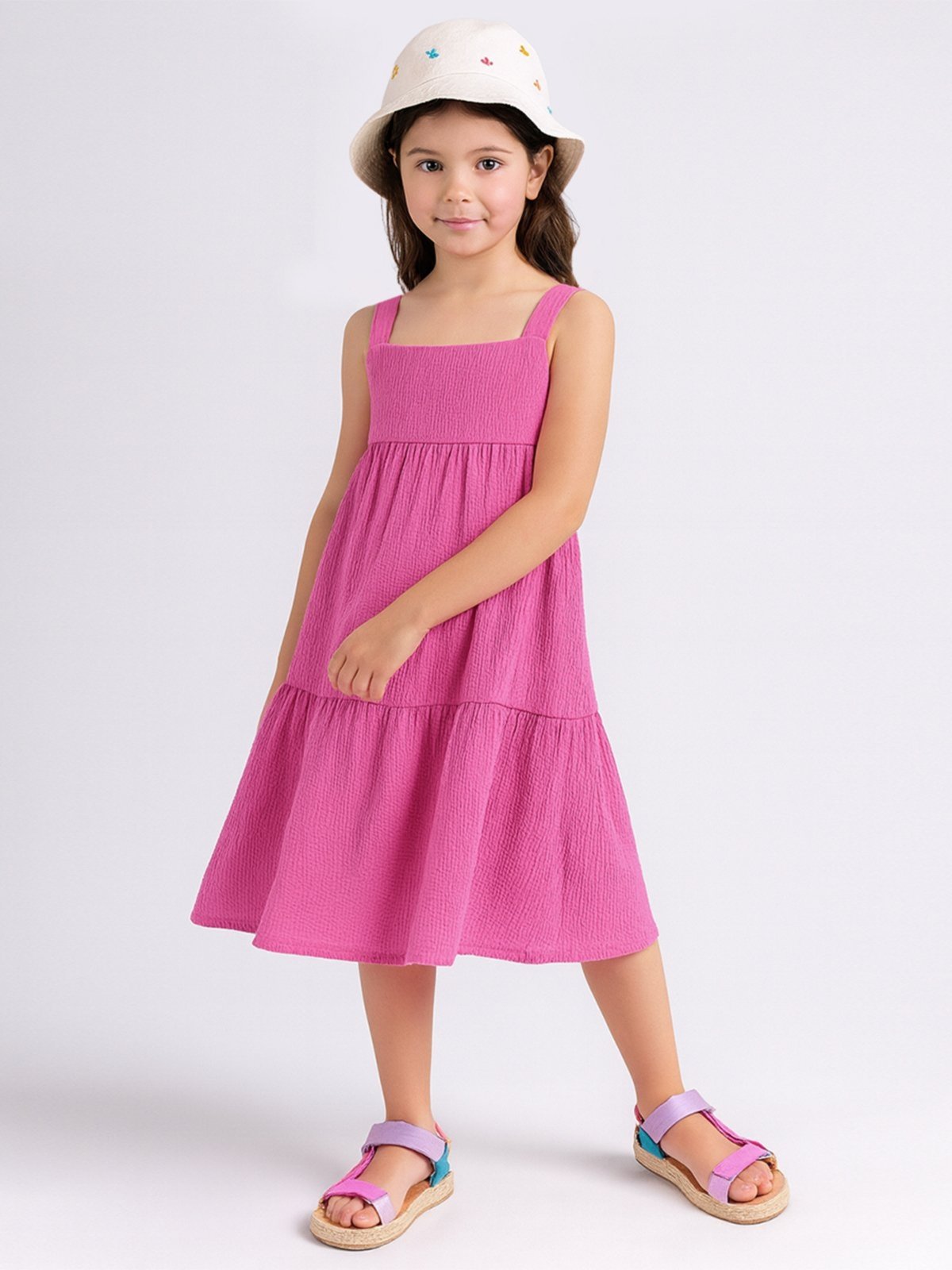 Infantil – Vestido Bugbee Midi Gola Quadrada Alça Grossa Tecido Anarruga 100% Algodão Rosa