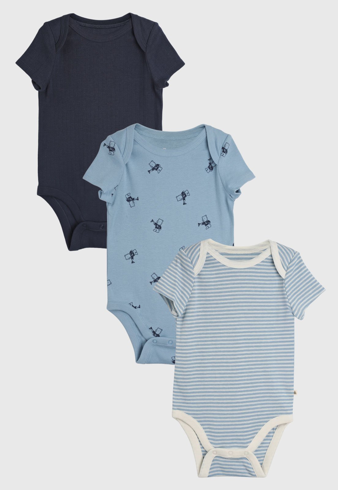 Infantil – Body GAP Kit 3 Peças Manga Curta Azul e Azul Claro e Listrado