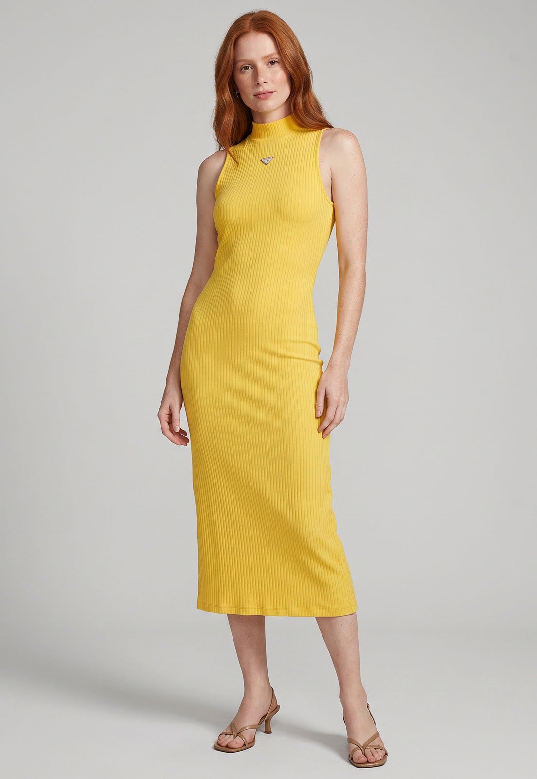 Vestido Feminino Lança Perfume Midi Alças Finas Amarelo